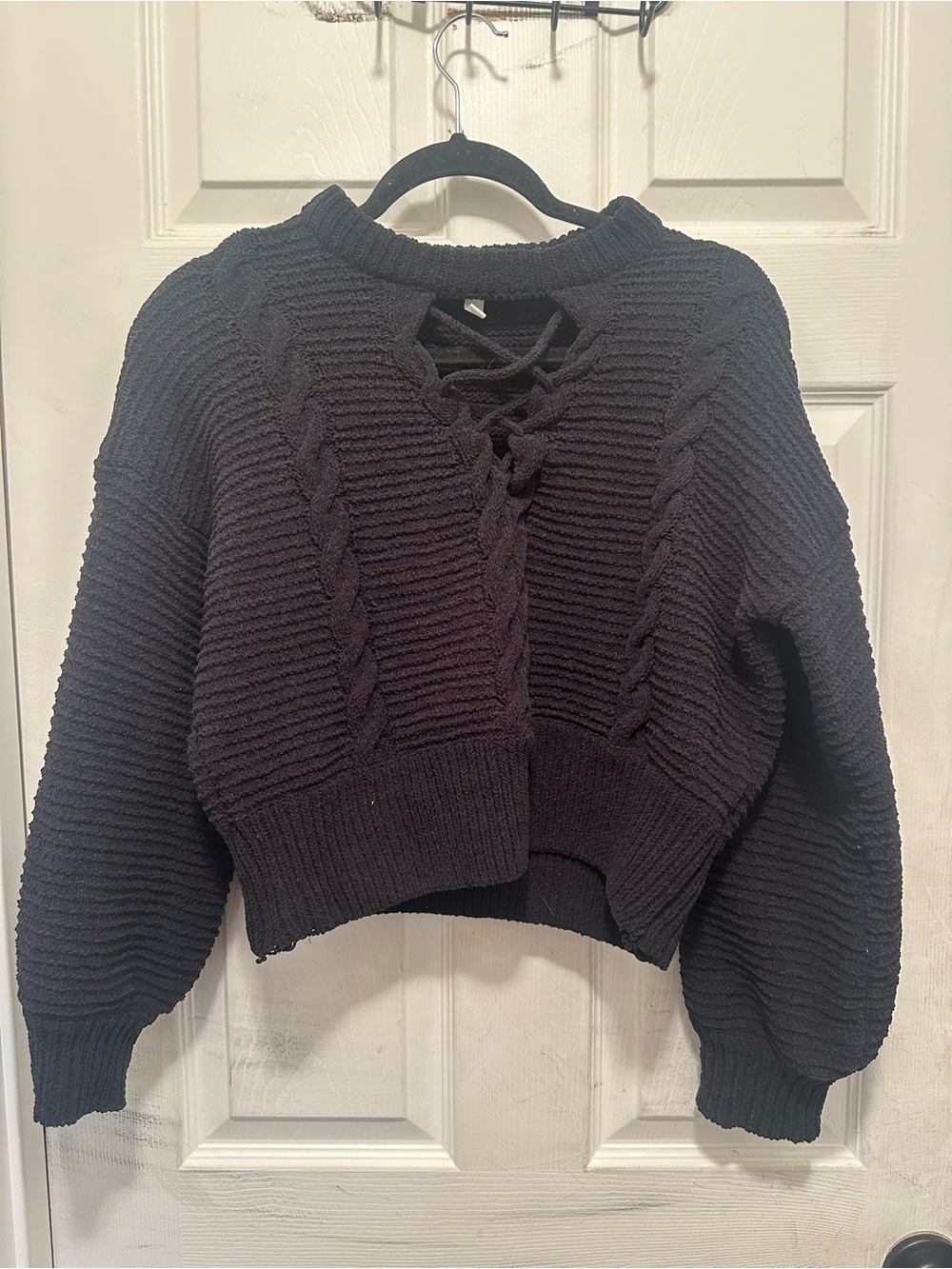 Derek Heart Black Lace-Up Cable Knit Chenille Crewneck Sweater Goth